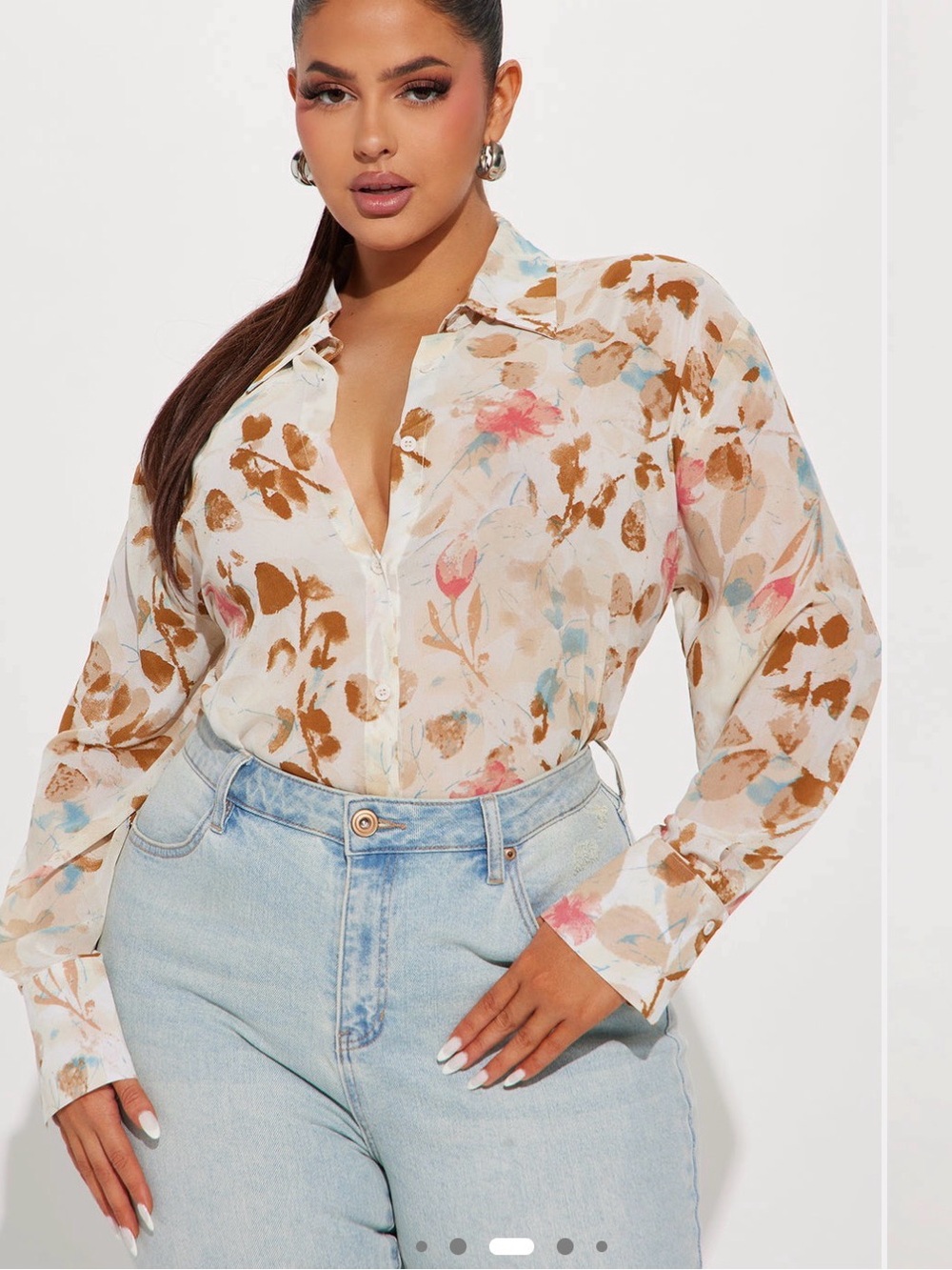 Fashion Nova Sheer Floral Button-Down Blouse in Cream, Brown, Pink & Blue